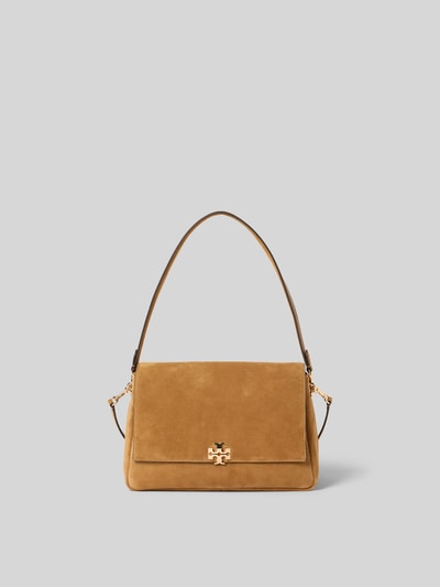 Produktfoto, Shoulder Bag aus echtem Wildleder von Tory Burch in braun mit Überschlag, abnehmbarem Riemen, Reißverschlussfach innen, glatte Wildleder-Textur