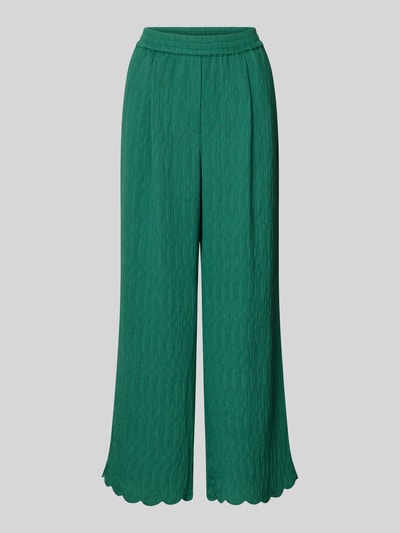 Produktfoto, grüne Stoffhose aus Viskose-Mix mit Strukturmuster, Wellensaum und elastischem Bund, Wide Leg Fit, von JAKE*S STUDIO WOMAN.