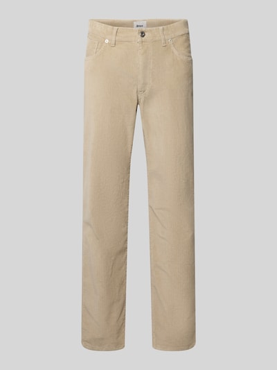 Produktfoto, hellbeige Cordhose mit geradem Schnitt, feine Rillenstruktur, Straight Fit Cordhose aus Baumwoll-Mix Modell 'Mythos Flex Cord' von Brax, Herren Cordhose von Brax