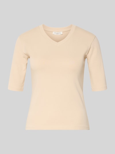 Produktfoto, T-Shirt mit Rundhalsausschnitt von Christian Berg Woman in Beige, schmal geschnitten, kurze Ärmel, glatte Textur, Baumwoll-Elasthan-Mix
