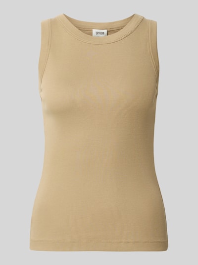 Produktfoto, beiges Tanktop in Ripp-Optik Modell 'OLINA' von Drykorn, reine Baumwolle, Slim Fit, Rundhalsausschnitt, schlichte Struktur