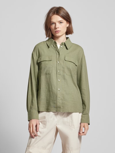 Only Oversized linnen blouse met paspelzakken op de borst, model 'CARO' Olijfgroen - 4