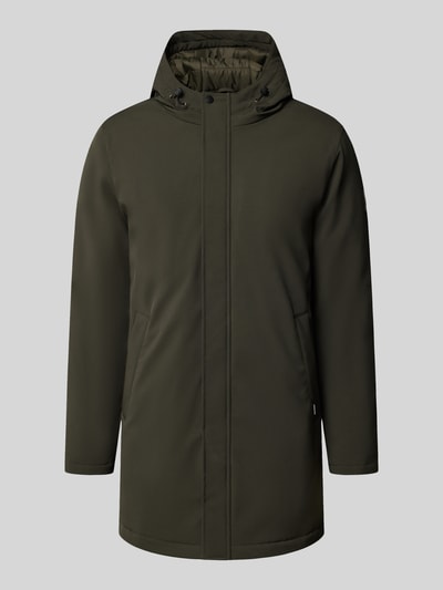 Produktfoto, Jacke mit Eingrifftaschen Modell 'Madeston' von Matinique in Olivgrün, Kapuze mit Tunnelzug, glatte Textur, verdeckter Reißverschluss, Regular Fit, Material-Mix mit Stretch-Anteil