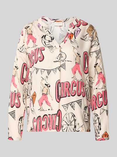Produktfoto, Blusenshirt mit V-hals van Milano Italy in beige met roze print, los model, gemaakt van zuiver viscose