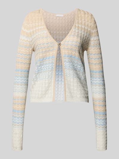 Produktfoto, Strickjacke aus Viskose-Mix Modell 'ROSALYN' von Guess, pastelowe odcienie beżu, błękitu i bieli, prosty krój, damska, V-neck, zapięcie na guzik, długość tyłu 51 cm, długość rękawa 69 cm