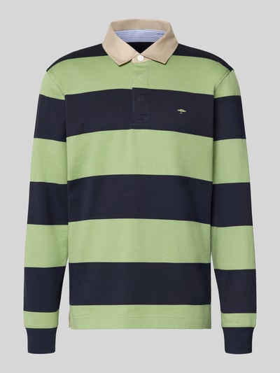Produktfoto, Regular Fit Poloshirt mit Streifenmuster und Label-Stitching von Fynch-Hatton in Grün und Dunkelblau, reine Baumwolle, Polokragen, Knopfverschluss, Longsleeve, strukturierte Oberfläche