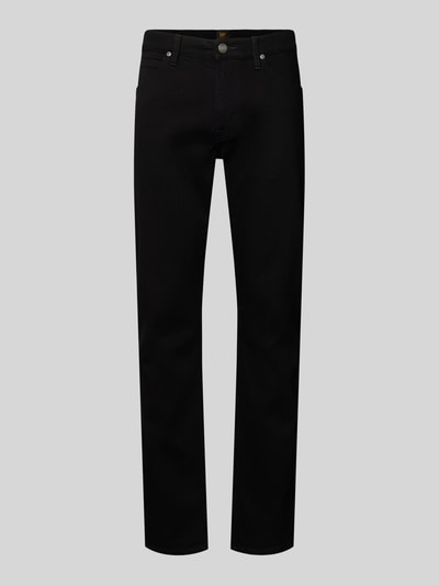 Produktfoto, schwarze Jeans im 5-Pocket-Design Modell 'DAREN' von Lee aus Baumwoll-Elasthan-Mix, Straight Fit, silberner Knopf, glatte Textur.