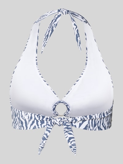 Produktfoto, Bikini-Oberteil mit Neckholder Modell 'Nerissa' von Barts, mieszanka materiałów z dodatkiem streczu, wyprofilowane miseczki, okrągły detal, wiązanie, wzór zebry, odcienie bieli i granatu