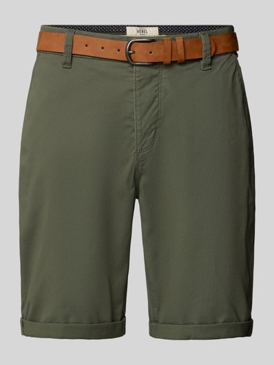 Produktfoto, Shorts mit Gürtel Modell 'MIKE' von Redefined Rebel in Olivgrün, gerade Passform, Eingrifftaschen, glatte Textur, Vorderansicht