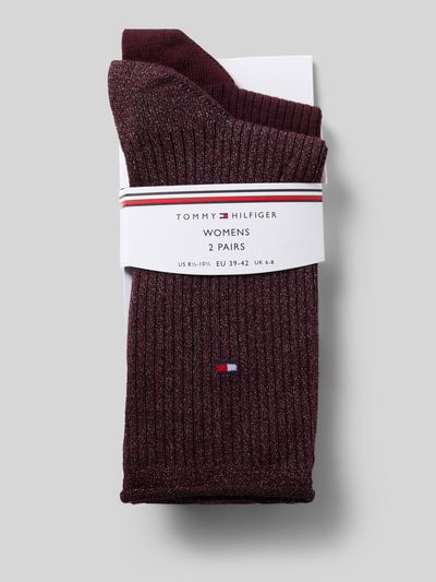 Produktfoto, dunkelrote Socken aus Baumwoll-Mix mit feinem Logo-Stitching, gerippte Textur, Socken aus Baumwoll-Mix mit Logo-Stitching im 2er-Pack Modell 'WOMEN SOCK 2P LUREX RO' von Tommy Hilfiger, Damen Socken von Tommy Hilfiger