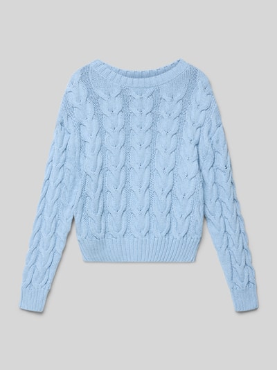 Produktfoto, Regular Fit Sweatshirt in Strick-Optik Modell 'Carli' von Mango, hellblau, Baumwoll-Mix mit Zopfmuster, Rückansicht.