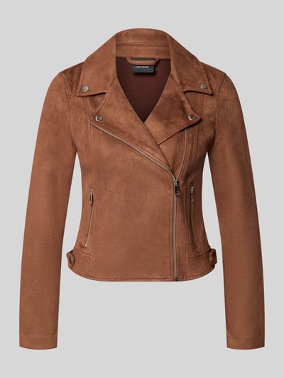 Produktfoto, braune Regular Fit Kunstlederjacke mit Riegeln am Rumpf Modell 'JOSE' von VERO MODA, glatte Oberfläche, silberfarbene Reißverschlüsse