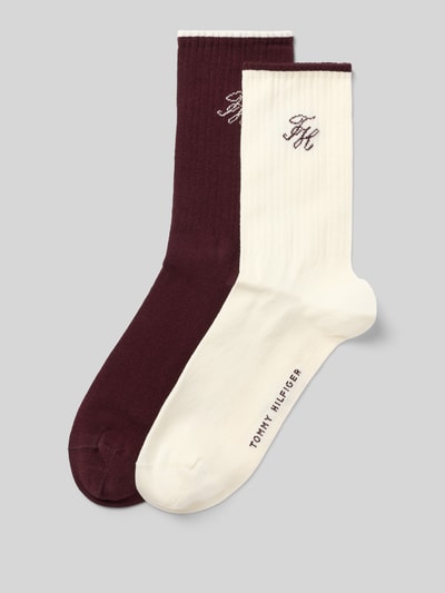 Produktfoto, zwei Paar Socken aus Baumwoll-Mix von Tommy Hilfiger, eine in Creme, eine in Dunkelrot, mit Logo, Damen Socken von Tommy Hilfiger