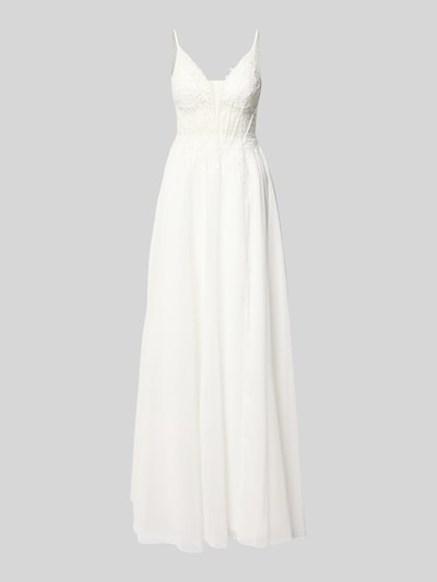 Produktfoto, Maxikleid aus Chiffon mit Stitchings und Gehschlitz von Luxuar, biały, długi fason, głęboki dekolt V, krój slim fit, szerokość w rozmiarze 36: 33 cm, długość tyłu 128 cm, teksturowany materiał