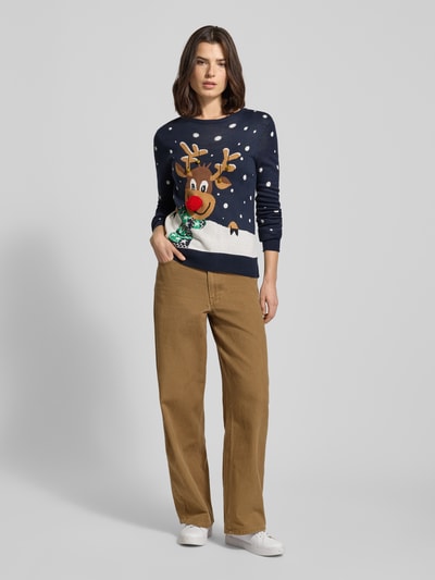 VERO MODA Regular Fit Weihnachtspullover mit Pom-Pom Modell 'FROSTYDEER' Dunkelblau 1