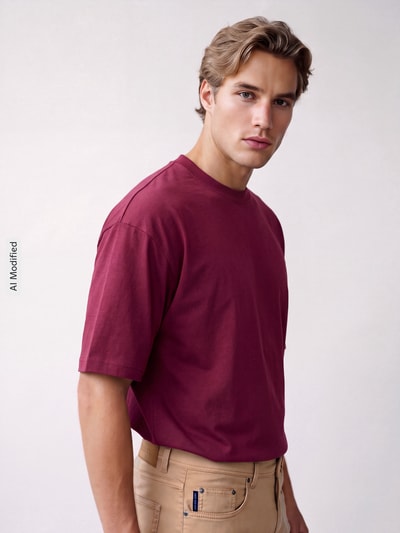 Männermodel trägt Relaxed Fit T-Shirt mit Rundhalsausschnitt Modell 'OSCAR' von SELECTED HOMME in Dunkelrot, reine Baumwolle, Nahaufnahme Oberkörper, KI-modifiziertes Bild.
