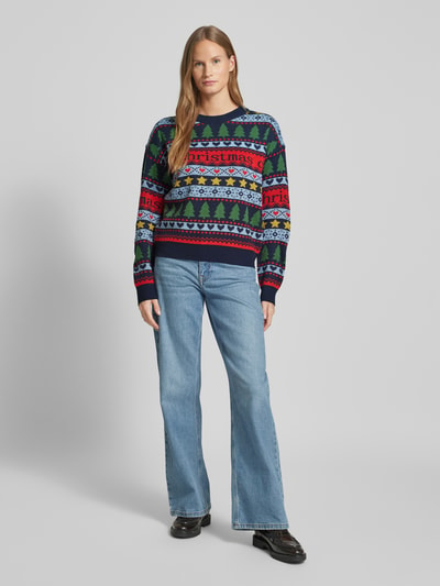 Vero Moda Relaxed Fit Weihnachtspullover mit Schriftzug Modell 'HAPPY FROSTLIGHT' Marine 1