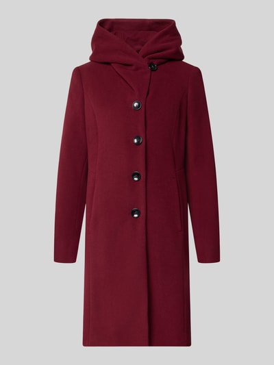 Produktfoto, dunkelroter Mantel aus Schurwoll-Mix mit Kaschmir-Anteil Modell 'Bella' von Milo Coats, Stehkragen, Knopfleiste, Eingrifftaschen