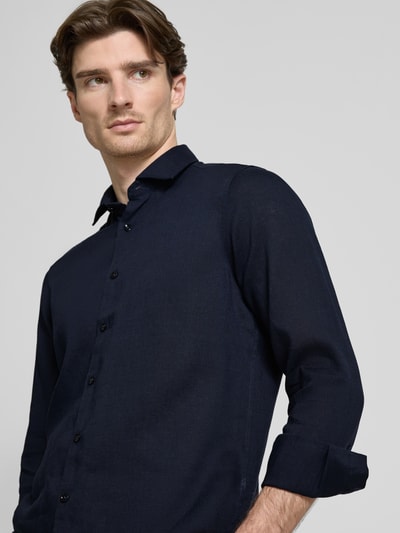 OLYMP SIGNATURE SLIM FIT Slim fit linnen overhemd met kentkraag, model 'Sykia' Marineblauw - 3