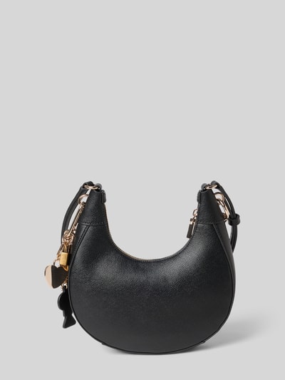 Produktfoto, Handtasche mit Label-Details Modell 'DAVINA' von Guess in Schwarz, runde Form, feine Textur, Reißverschluss, Tragehenkel, Schulterriemen, Hauptfach, Innenfach mit Reißverschluss, Maße 23x23x4 cm, Riemenlänge 60 cm
