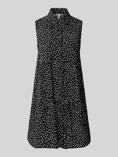Produktfoto, Ausgestelltes Hemdblusenkleid aus reiner Viskose Modell 'THEA' von Only, Optik: Allover-Muster, Mini-Länge, schwarze Grundfarbe, weiße Punkte, Hemdblusenkragen, V-Ausschnitt, Knopfleiste, Raffung, ärmellos, gerade Textur, Material: reine Viskose