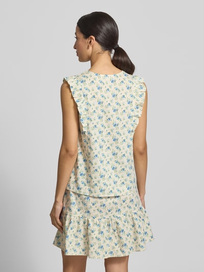 Frauenmodel trägt Damen Bluse von MSCH Copenhagen, Regular-Fit, Leinen-Mix mit Viskose-Anteil, floraler Allover-Print, Ärmelloses-Design, Rüschenbesatz, Modell 'Solfried', Rückenlänge bei Größe S: 57 cm, sanfte Gelb- und Blautöne, glatte Textur, Ganzkörperansicht Rückansicht.