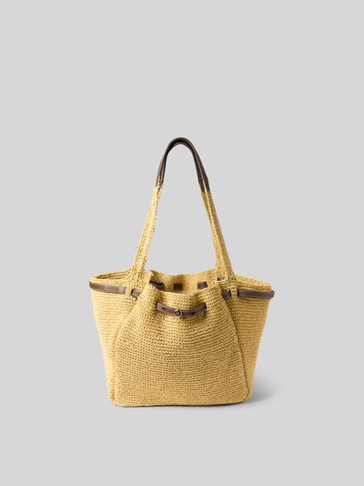 Produktfoto, Bucket Bag aus Bast von Tory Burch in Naturfarbe mit braunen Details, langer Henkel, Drawstring-Verschluss, strukturierte Oberfläche, Maße circa 52x30x15 cm, Innenfach sichtbar.