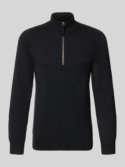 Produktfoto, schwarzer Regular Fit Strickpullover aus reinem Kaschmir mit Troyer-Kragen von FTC Cashmere, gerippte Abschlüsse, glatte Textur