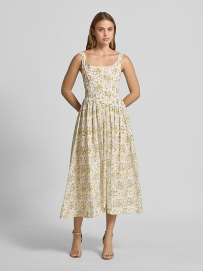 Kobiece model nosi sukienka koktajlowa 'Cocktailkleid im Allover-Look mit Karree-Ausschnitt' od LACE & BEADS, bawełna, linia a, sukienka midi, wzór na całej powierzchni, prostokątny dekolt, długość tyłu w rozmiarze s: 106 cm, szerokość w rozmiarze s: 43 cm, widok całej sylwetki od przodu