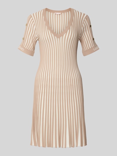 Produktfoto, Minikleid mit gerippten Abschlüssen von LIU JO SPORT, Viskose-Mix, tailliert, beige-weiße Streifen, Label-Print am Ärmel