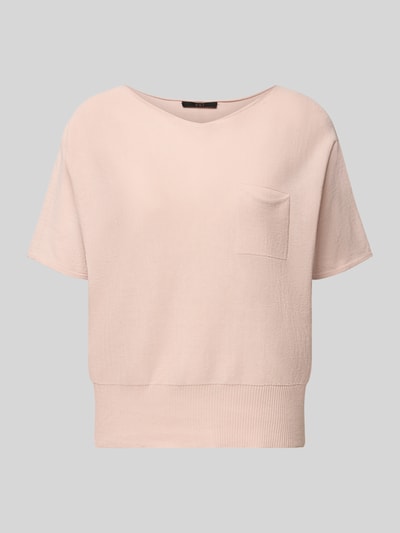Produktfoto, Strickpullover mit U-Boot-Ausschnitt und Brusttasche von Oui, jasnoróżowy, sweter z dzianiny z bawełny, krój loose fit, rękaw o dł. 1/2, prążkowany dół, długość tyłu 52 cm, długość rękawów 31 cm