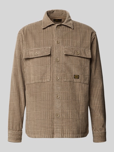 Produktfoto, Regular Fit Hemdjacke im Allover-Look Modell 'OLIVER' von JACK & JONES, beige-braunes Karomuster, reine Baumwolle, zwei Brusttaschen, Kentkragen, Label-Detail, Rückenlänge bei Größe M 64 cm
