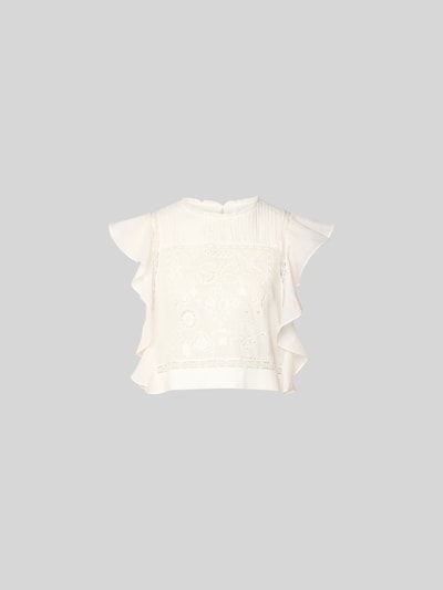 Produktfoto, Crop Top mit Spitzen-Anteil von Self-Portrait, weiß, Material-Mix, gerader Schnitt, Rundhalsausschnitt, Struktur-Muster, ärmellos.