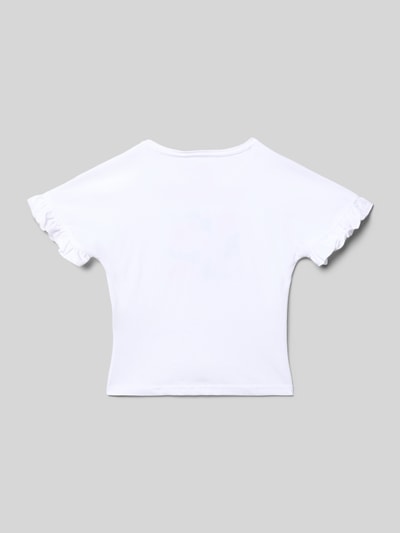 Produktfoto, Regular Fit T-Shirt mit Motiv-Print von Blue Seven, Kinder T-Shirt aus Reine Baumwolle mit Zierbesatz, Weiß, Rundhalsausschnitt, Rückenlänge 43 cm bei Größe 116