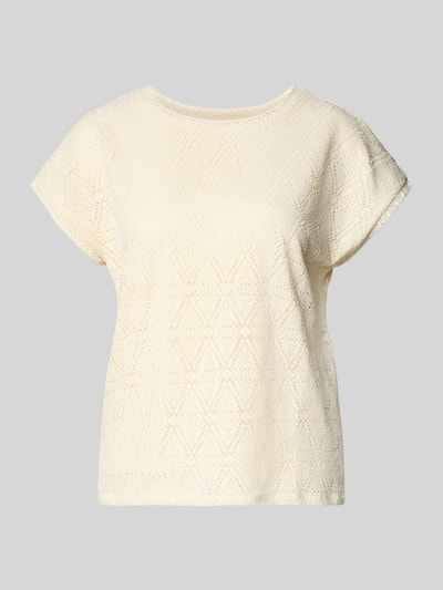 Produktfoto, Regular Fit T-Shirt in Ajour-Strickoptik Modell 'MAYA' von Vero Moda, Damen T-Shirt mit Rundhals, Kurzarm, cremefarben mit feinem Ajour-Muster.