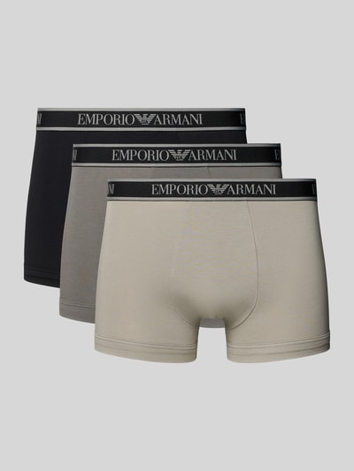 Produktfoto, Slim Fit Trunks mit Logo-Stitching im 3er-Pack von Emporio Armani in Schwarz, Grau und Beige aus elastischem Baumwoll-Mix, glatte Struktur.