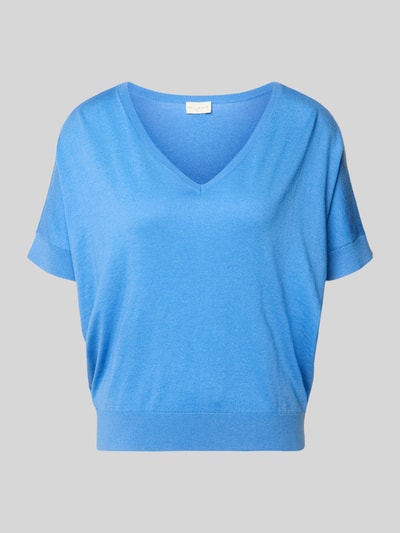 Produktfoto, Strickshirt aus Viskose-Mix mit V-Ausschnitt von Milano Italy, Regular Fit, halbe Ärmel, leuchtend blau, glatte Textur