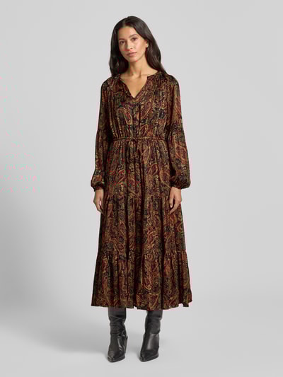 Apricot Midikleid mit V-Ausschnitt und Bindegürtel Rostrot 4