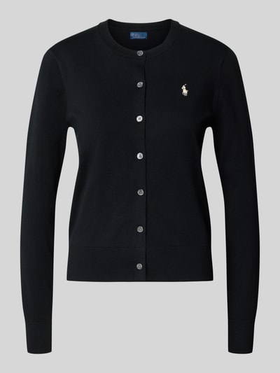 Produktfoto, czarny kardigan rozpinany Slim Fit Strickjacke aus Baumwoll-Mix von Polo Ralph Lauren, gładka faktura, damska kolekcja