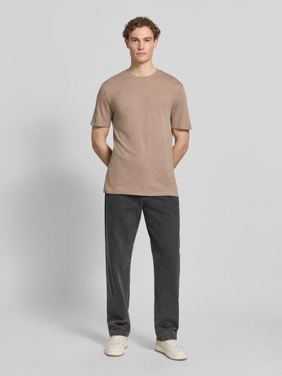 HUGO męski t-shirt o kroju regular fit z mieszanki lyocellu i lnu model 'DULEROSTEE' Jasnobrązowy 1