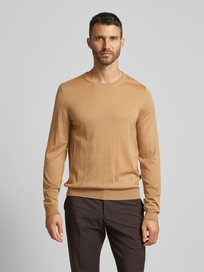 BOSS Strickpullover aus Schurwolle mit Label-Detail Modell 'Leno' Beige 4