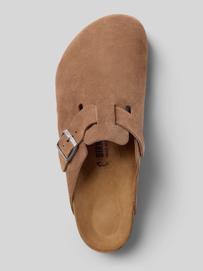 Produktfoto, Hausschuhe aus echtem Leder Modell 'Boston' von Birkenstock, offene Ferse, abgerundete Passform, 3 cm Absatz, braunes Wildleder, Herren