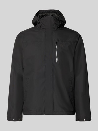 Produktfoto, schwarze Regular Fit Jacke mit Logo-Print Modell 'Juell' von Helly Hansen, Kapuze, Reißverschlusstaschen, glatte Textur.
