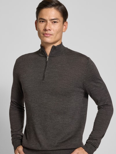 Profuomo Pullover aus Merinowolle mit Troyer-Kragen Dunkelbraun 3