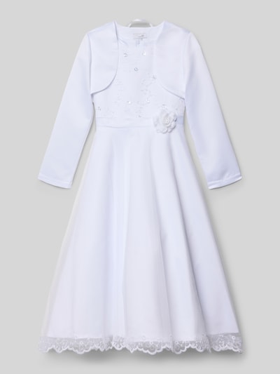 Produktfoto, Kleid mit Stitchings und Taillenband mit floraler Applikation von Happy Girls, A-Linie, Pailletten, Bolero, weiß mit feiner Spitze, Rundhalsausschnitt, rückseitiger Reißverschluss, Kindergrößen, glatte Textur, Rückenlänge 103 cm, Ärmellänge 48 cm