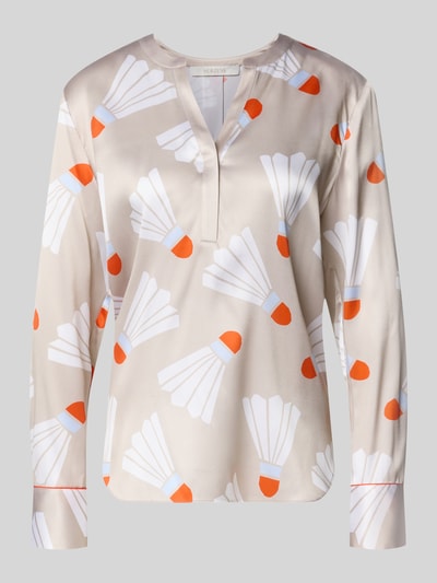 Productfoto, Bluse mit Tunika-Kragen und abgerundetem Saum van HERZENS in beige met witte en oranje patronen, rechte fit, context: damesblouse, tuniekkraag, afgeronde zoom, ruglengte maat 36: 68 cm, mouwlengte maat 36: 64 cm
