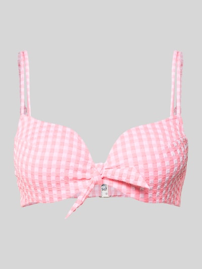 Produktfoto, Bikini-Oberteil mit knoopdetail model 'MARY LYNN' van Marie Jo in roze en wit met ruitjes, materiaalmix met stretch, voorgevormde gewatteerde cups, dubbele verstelbare spaghettibandjes, haakjessluiting achter