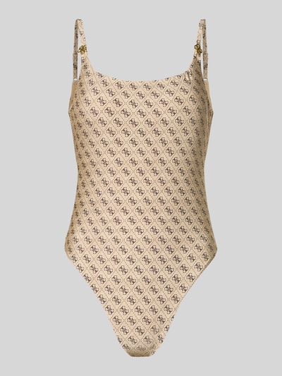 Produktfoto, Slim Fit Badeanzug mit Allover-Logo-Print von Guess, Beige mit schwarzem Logo-Muster, Elastischer-Material-Mix, Logo-Detail, Spaghettiträger, Rückenausschnitt, Damen Bademode