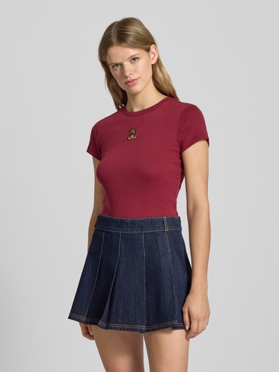 Review T-shirt met motiefstitching en ronde hals Bordeaux - 4