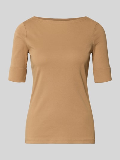 Produktfoto, T-Shirt mit geripptem U-Boot-Ausschnitt Modell 'JUDY' von Lauren Ralph Lauren, Baumwoll-Elasthan-Mix, Slim Fit, Damen T-Shirt, Rückenlänge 58 cm, glatte Textur, warme beigefarbene Töne